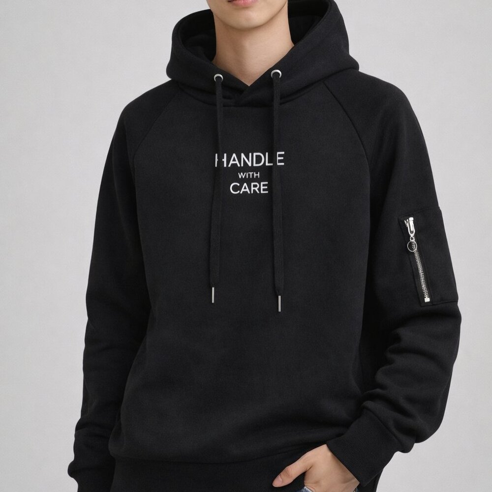 Attention# Graphic Black Hoodie Men’s Streetwear Pullover Sweatsh Hoodie Size M
